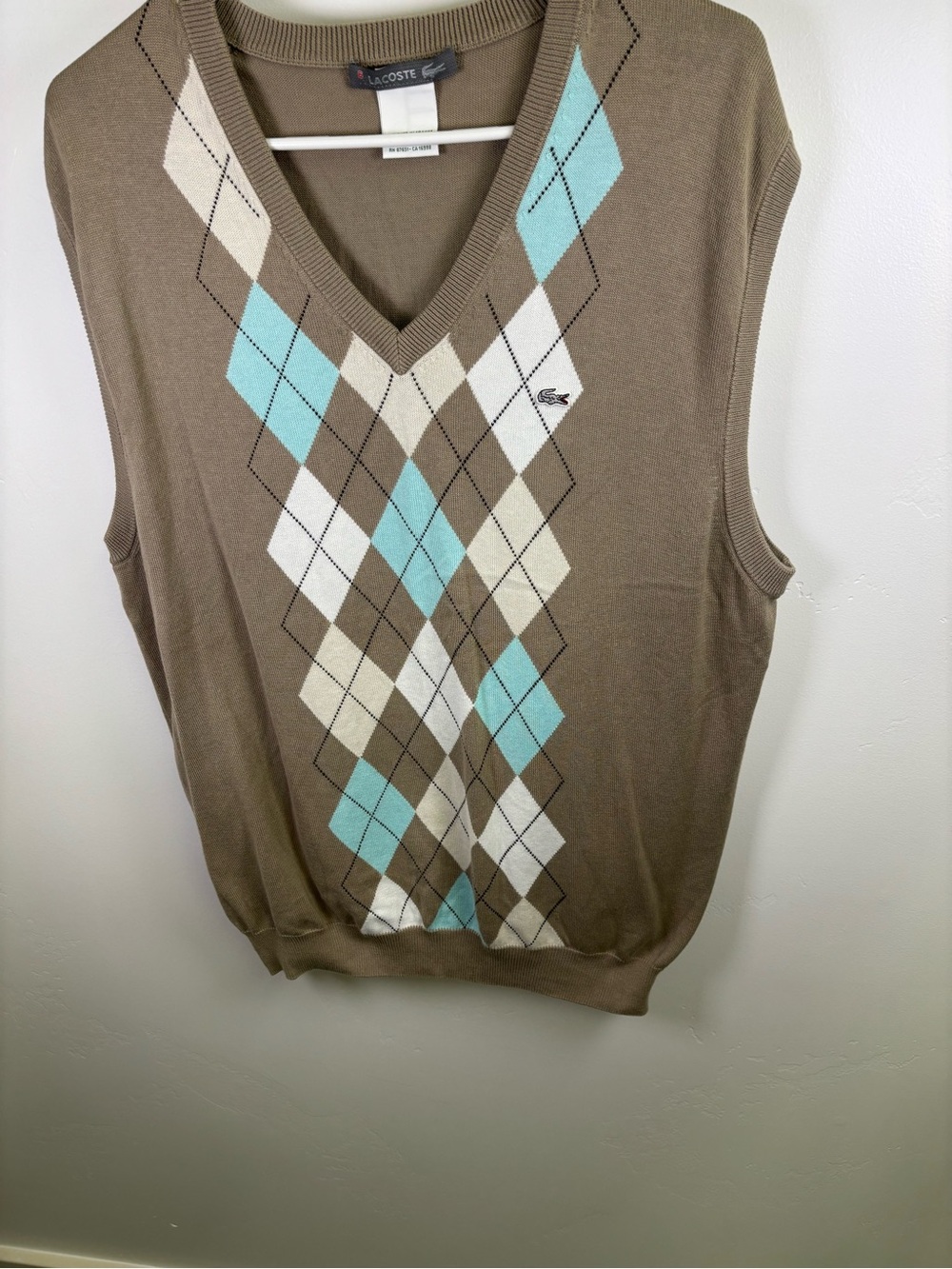 LACOSTE ARGYLE VEST  *MEN LARGE 
TAN WHITE TURQUOISE ARGYLE COTTON